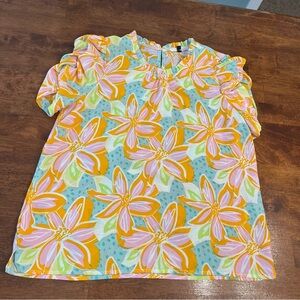Michelle McDowell Floral Print Blouse Ruffled Sleeves teal orange green size S